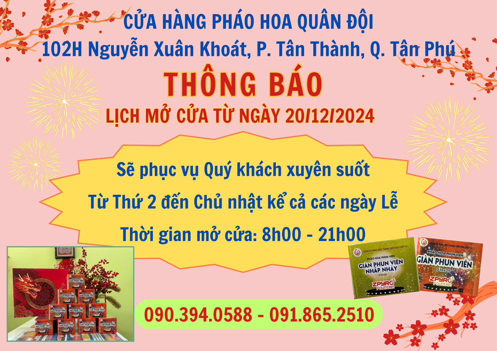 THÔNG BÁO THỜI GIAN HOẠT ĐỘNG THÁNG 12 CỦA CỬA HÀNG PHÁO HOA QUÂN ĐÔI 102H NGUYỄN XUÂN KHOÁT, P. TÂN THÀNH, Q. TÂN PHÚ, TP. HỒ CHÍ MINH