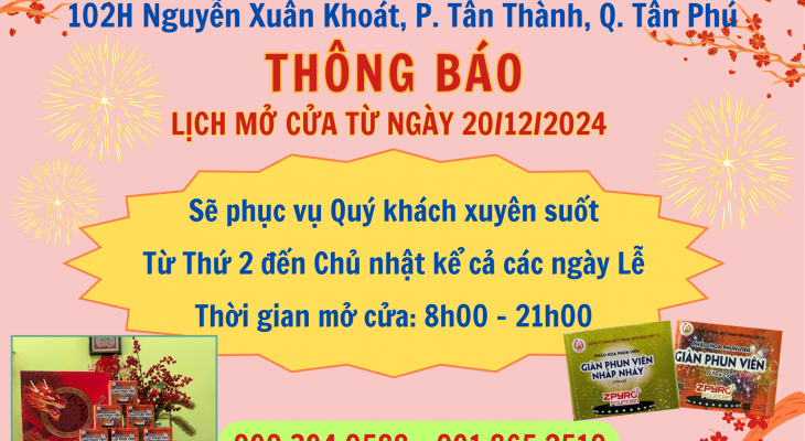 THÔNG BÁO THỜI GIAN HOẠT ĐỘNG THÁNG 12 CỦA CỬA HÀNG PHÁO HOA QUÂN ĐÔI 102H NGUYỄN XUÂN KHOÁT, P. TÂN THÀNH, Q. TÂN PHÚ, TP. HỒ CHÍ MINH